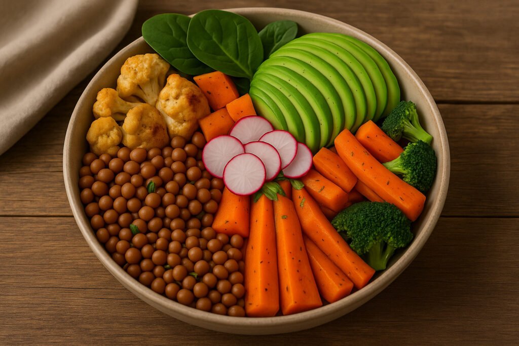 un-bowl-vegetarien-riche-en-couleurs-avec-lentilles-avocat-legumes-rotis-1024x683 Perte de poids durable : 7 clés incontournables pour perdre sans frustration