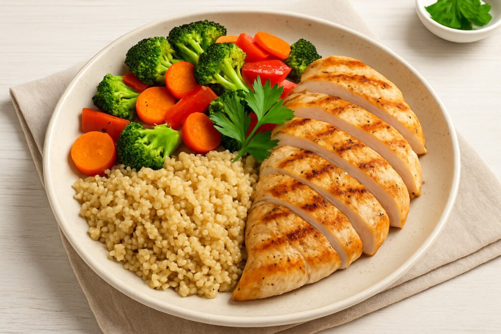 une-assiette-avec-poulet-legumes-quinoa-1024x683 Perte de poids durable : 7 clés incontournables pour perdre sans frustration