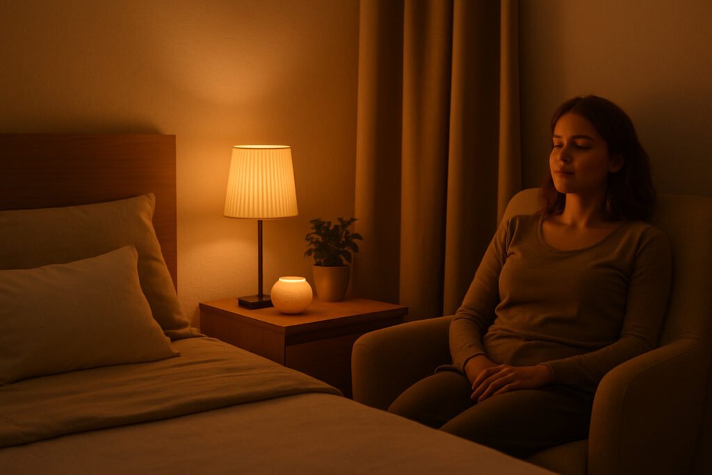 une-chambre-tamisee-avec-une-ambiance-zen-ou-une-personne-detendue-dans-un-fauteuil-yeux-fermes-1024x683 Perte de poids durable : 7 clés incontournables pour perdre sans frustration