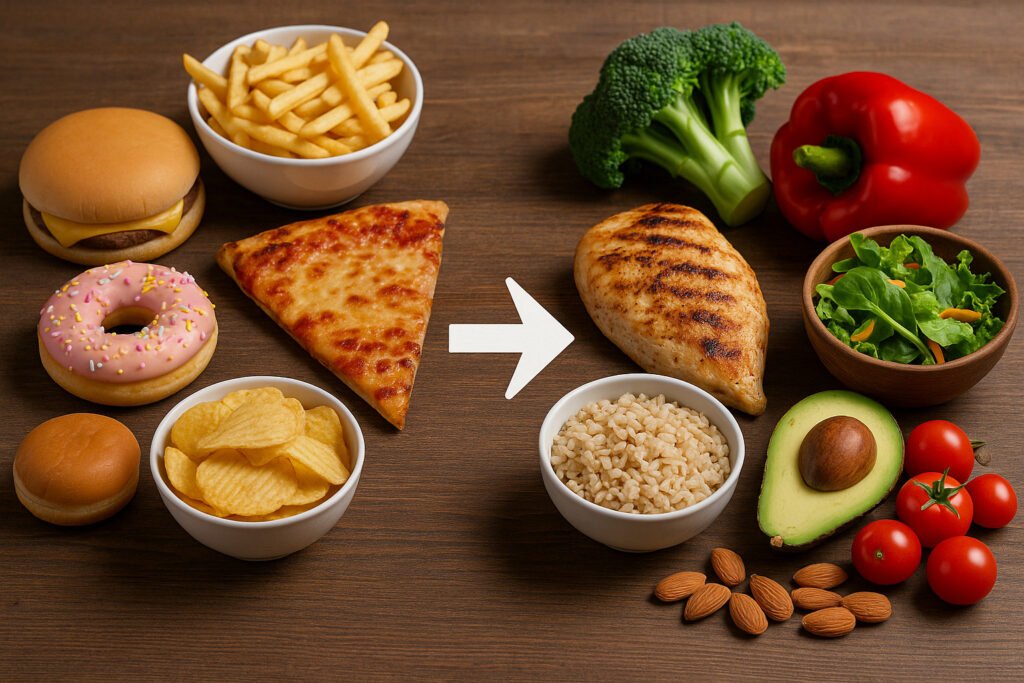une-table-avec-des-aliments-transformes-dun-cote-et-des-alternatives-saines-de-lautre-1-1024x683 Perte de poids durable : 7 clés incontournables pour perdre sans frustration