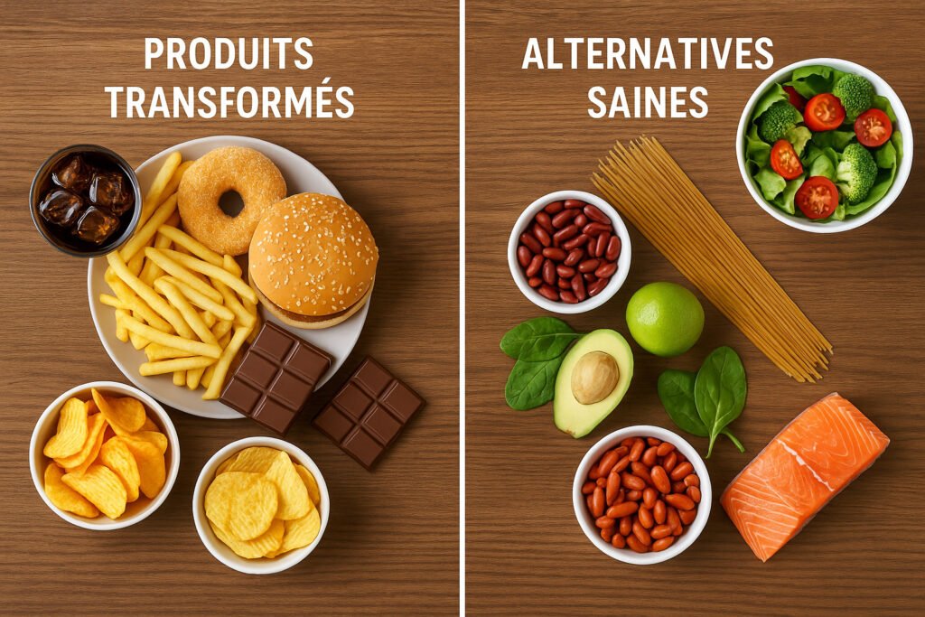 une-table-avec-des-aliments-transformes-dun-cote-et-des-alternatives-saines-de-lautre-1024x683 Perte de poids durable : 7 clés incontournables pour perdre sans frustration